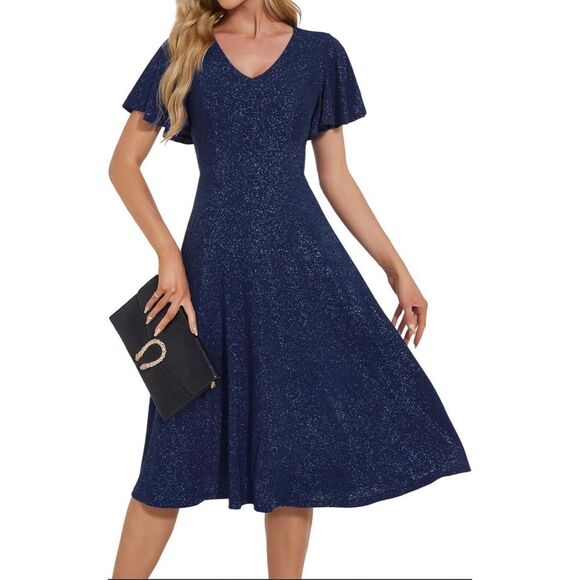 Bridesmay Semi Formal Dress Ruffle Sleeve‎ A Line Swing Metallic V-Neck Blue.A23 - Picture 2 of 13